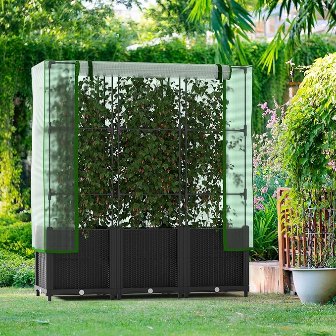 Onelike 48'' x 16'' x 55.5'' Plastic Raised Garden Bed with Greenhouse Cover and Trellis Vertical Tomato Planters for Climbing Plants Self Watering System Tomatoes Cage for PatioBlackLarge