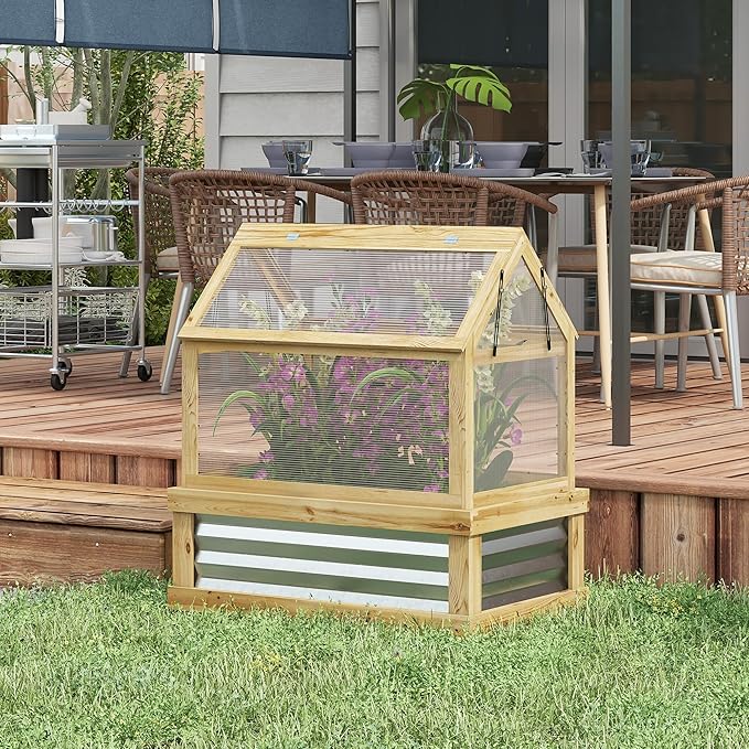 Raised Garden Bed with Polycarbonate Greenhouse Wooden Cold e Greenhouse GFlower Planter Protection Peak Roof 35.5 x 22.5 x 38.25 Natural
