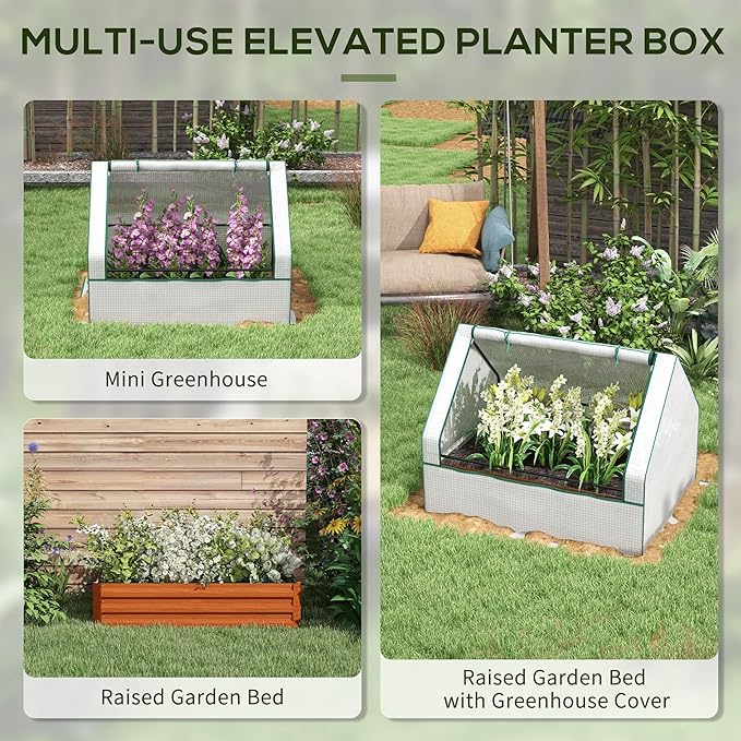 Outsunny 4 x 3 x 1ft Raised Garden Bed with Mini Greenhouse Galvanized Outdoor Planter Box with Cover for Herbs and Vegetables Use for Patio Garden Balcony White Cover and Brown Planter