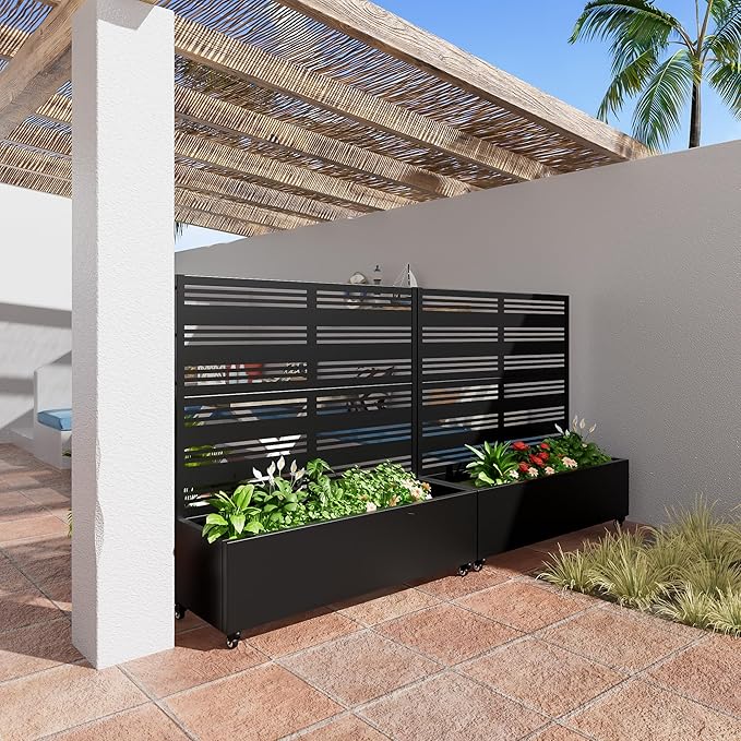 Casaphoria Metal Raised Garden Bed with Trellis and Wheels 47x47x16 Planter Box for Climbing Plants Vegetables &amp Vines Features Drainage Holes and Privacy Screen (Black-Harold)