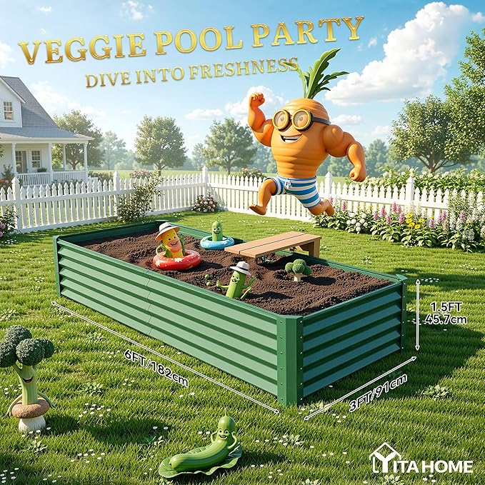 YITAHOME 6x3x1.5 ft Galvanized Raised Garden Bed Kit Large Metal Planter Box with Gloves &amp Support Rod Outdoor Flower Bed for Plants Vegetables Green