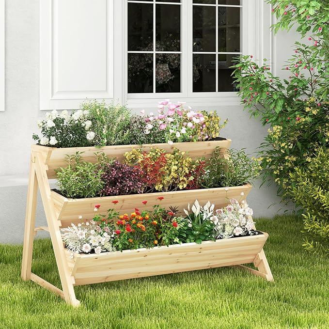 Giantex 3-Tier Raised Garden Bed Wooden Vertical Planter Box with Storage Shelf 2 Hanging Hooks &amp 3 Bed Liners All-Weather Freestanding Planter Elevated Raised Beds for Lawn Patio Natural
