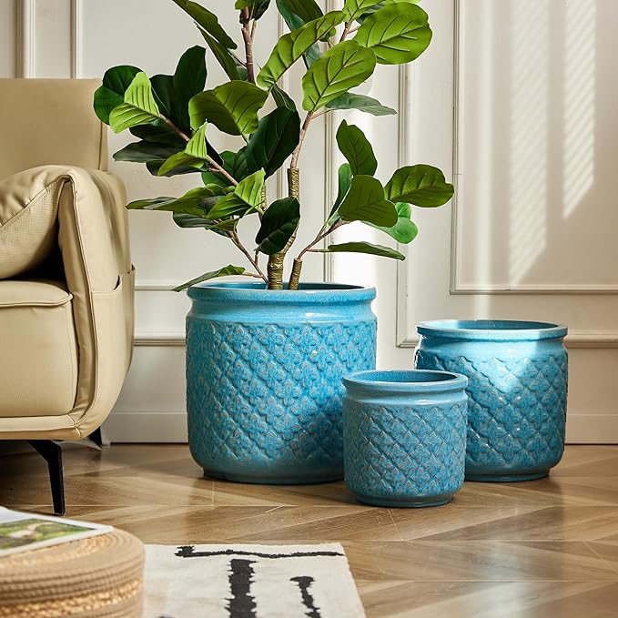 Handmade Ceramic Flower Pot Set of 3 15129 Inch Diameter Blue with Geometric Pattern for Orchids IndoorOutdoor Use on Windowsill Bookshelf Breathable Clay