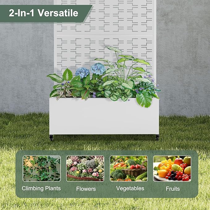 Planter Box with Trellis and Wheels Metal Privacy Screen with Garden Beds Outdoor for Climbing Plants Standing Planter Boxes with Drainage Holes (35 L×16 W×71 H White Rectangle)