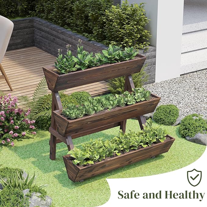 3-Tier Wooden Vertical Raised Garden Bed with Legs Tiered Planter Box Vertical Garden PlanterWood Plant Stand Wood Flower Rack for Patio Balcony Freestanding. (Carbonized-Large)