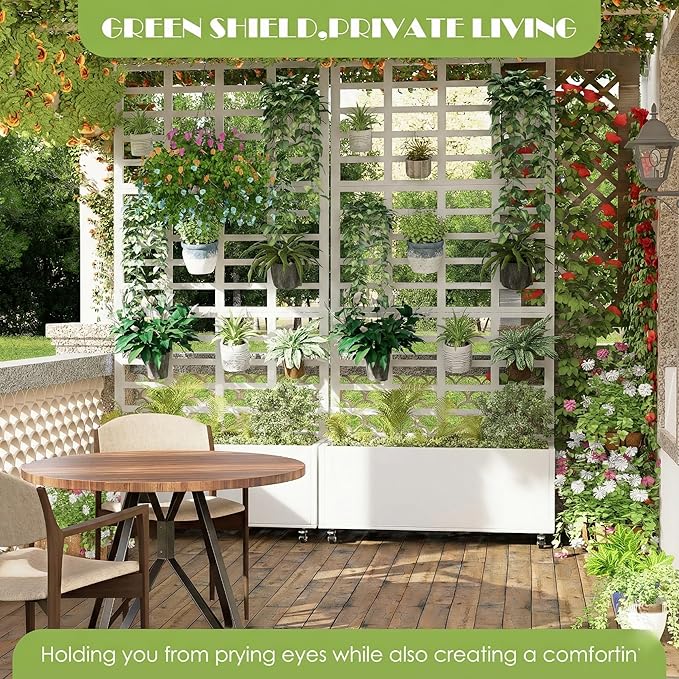 Metal Planter Box with Trellis for Climbing Plants 74.8x35.83x15.16 Raised Garden Bed with Privacy Screen Outdoor Planter with Drainage Holes White