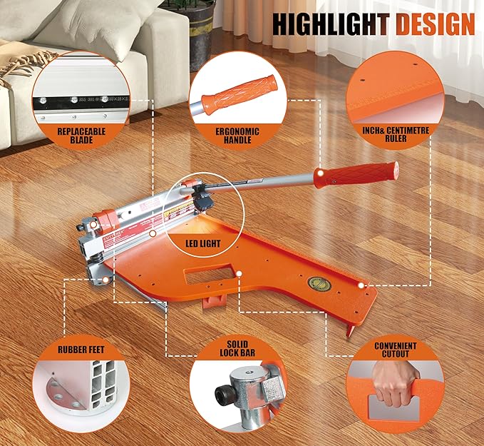 Laminate/Vinyl Floor Cutter 13” Vinyl Plank Cutter with Wheels – Easy Angle &amp Length Cutting Flooring Tools - Cuts Laminate Floor Engineered Wood LVP LVT VCT SPC WPC HSS Blade/LED Light