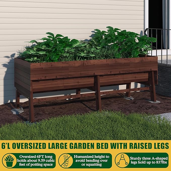 MUPATER 6x3x2FT Cedar Raised Garden Bed for Outdoor Raised Garden Bed wit 6 Legs 837lbs Large Elevated Garden Planter Box with Liner for HerbsVegetables Rustic