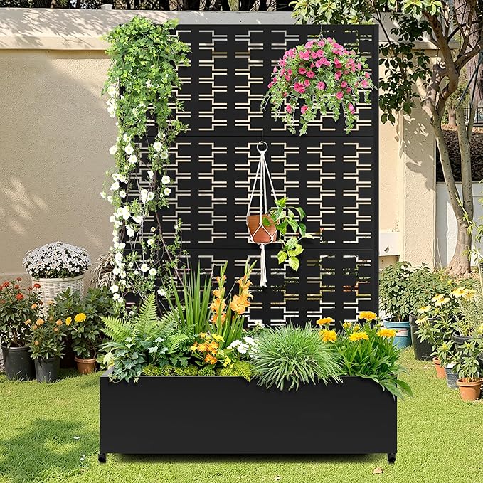 Metal Raised Garden Bed with Trellis 2-in-1 Planter Box &amp Privacy Screen for Climbing Plants Outdoor Standing Flower Bed with Drainage Holes 47.2 L x 16.7 W x 70.8 H Black-Brick
