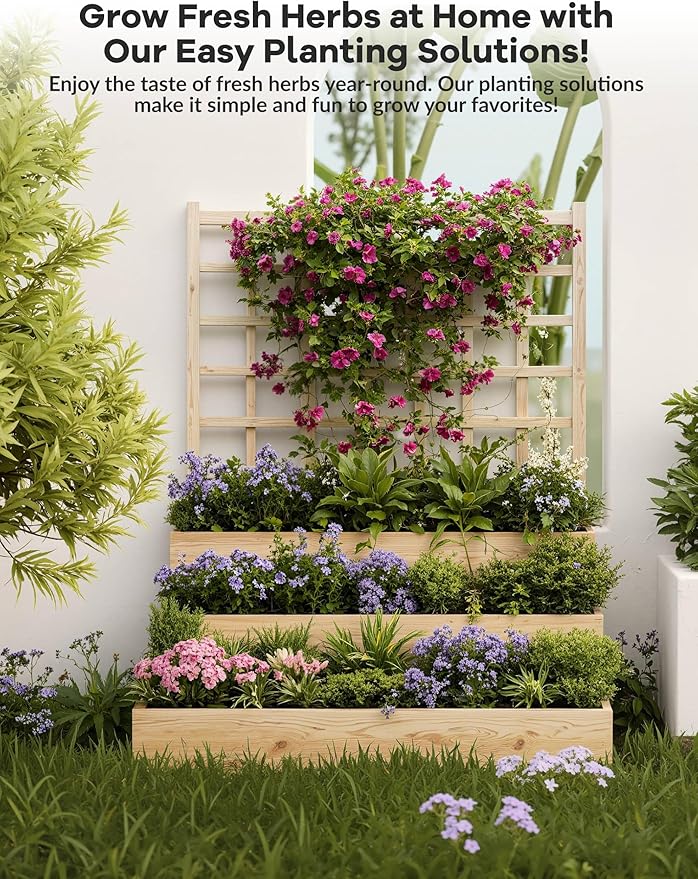 3-Tier Raised Garden Bed Wooden Vertical Planters with Trellis &amp Open-Ended Base for Climbing Plants Vines Flower Herb Vegetable Fruit Outdoor Planter Boxes for Patio Yard Lawn