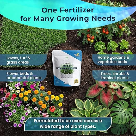 Leaves and Soul Urea Fertilizer 46-0-0 - High Nitrogen Fertilizer for Lawns Gardens Plants Grass Vegetables Flowers &amp Fruit Trees - Plant Food for Green Color &amp Healthy Foliage - 5 lbs