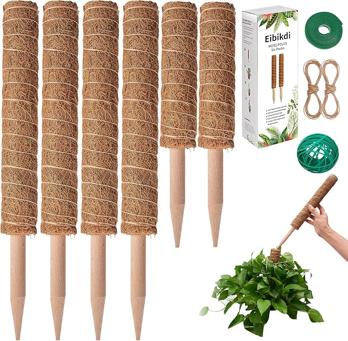 6 Pcs Moss Pole Extending to 68 Inches for Plants Monstera Plant Support Stakes for Indoor Climbing Plants Grow Upwards with 65ft Twist Ties 13ft Jute Rope 6.5ft Hook-and-Loop Strip