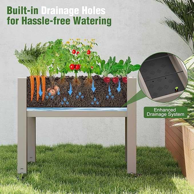 Raised Garden Bed with Legs 26.3 Tall Elevated Planter Box with Drainage Holes Water Gauge Lockable Wheels Weatherproof Resin Design for Vegetables and Flowers for Backyard Patio Balcony(Gray)