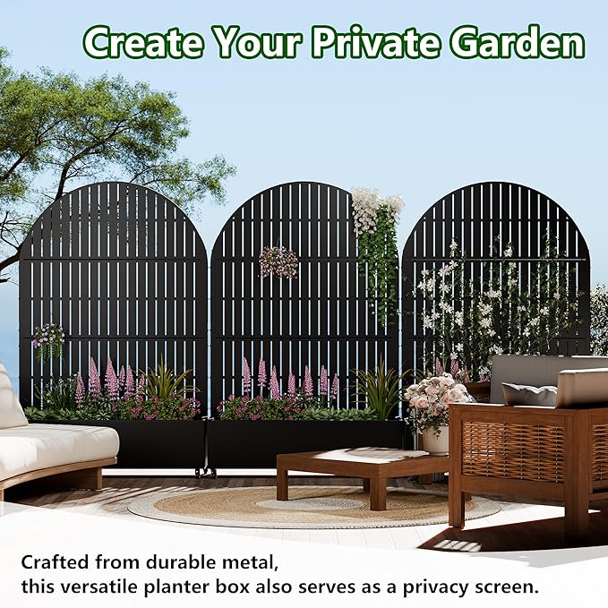 Casaphoria Raised Garden Bed Metal Planter Box with Trellis 72x47x16 for Outdoor Climbing Plants Flowers Vegetables and Vines Privacy Screen with Wheels and Drainage Holes(Black Vertical)