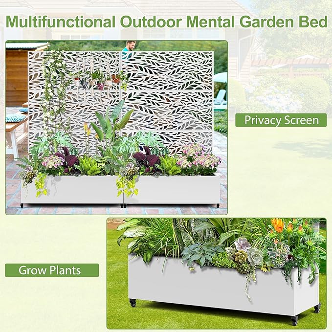 Raised Garden Bed with Trellis and Wheels73x47x16 Metal Raised Garden BedWhite Flowing Leaf Metal Planter with Climbing Trellis for Vines &amp Vegetables