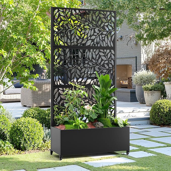 15.7×70.9×35.4 Metal Raised Garden Bed with Trellis and Wheels - Tall Trellis Planter Box for Climbing Plants Vegetables &amp Vines - Outdoor Privacy Planters for Patio (Black)
