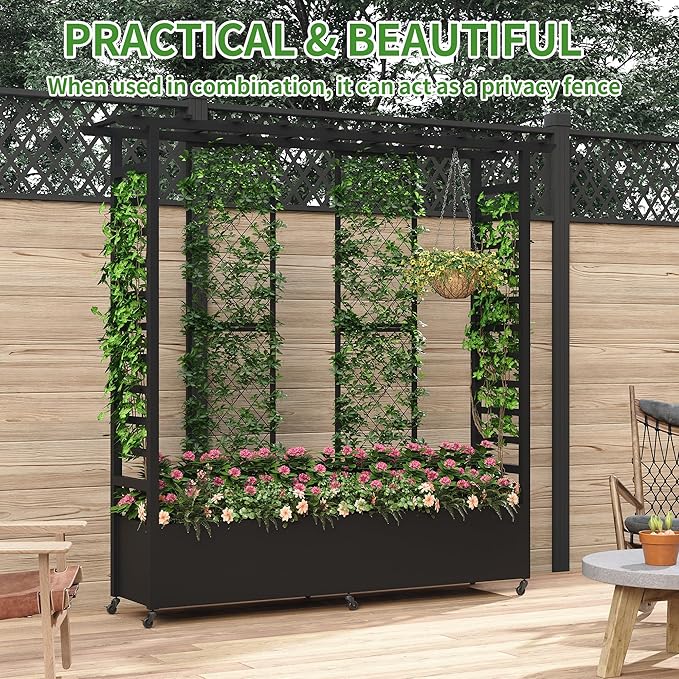 Raised Garden Bed with Trellis &amp Hanging Roof Weatherproof Metal Planter Box with Wheels Garden Arch Trellis for Outdoor Climbing Plants Vines Flowers 74 H x 77 L x 17 W Black