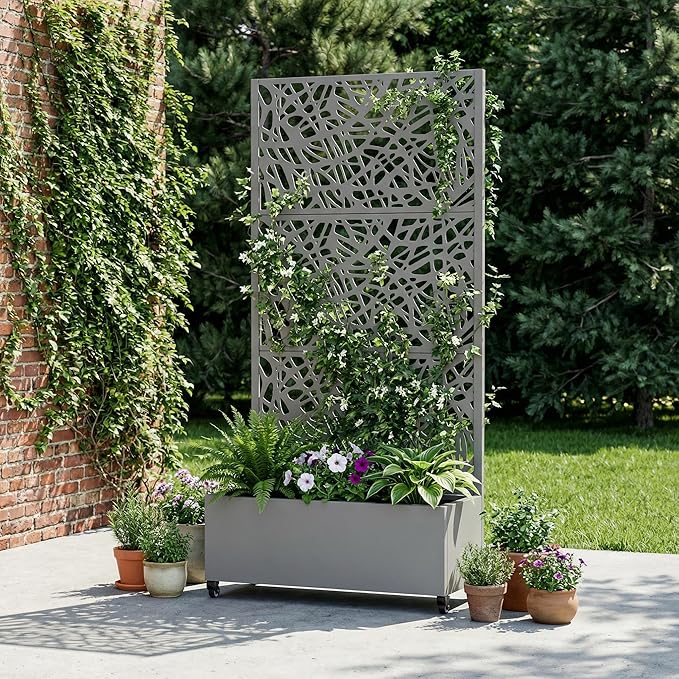 Casaphoria Metal Raised Garden Bed with Trellis and Wheels 72x35x16 Planter Box for Climbing Plants Vegetables &amp Vines Features Drainage Holes and Privacy Screen Grey-Net