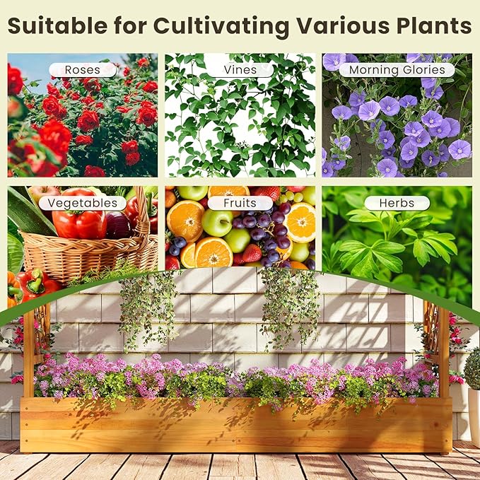 Happygrill 45 Raised Garden Bed with Trellis Wood Planter Box w/Hanging Roof 2 Side Trellises Open-Ended Base for Flower Climbing Plant Plant Container for Garden