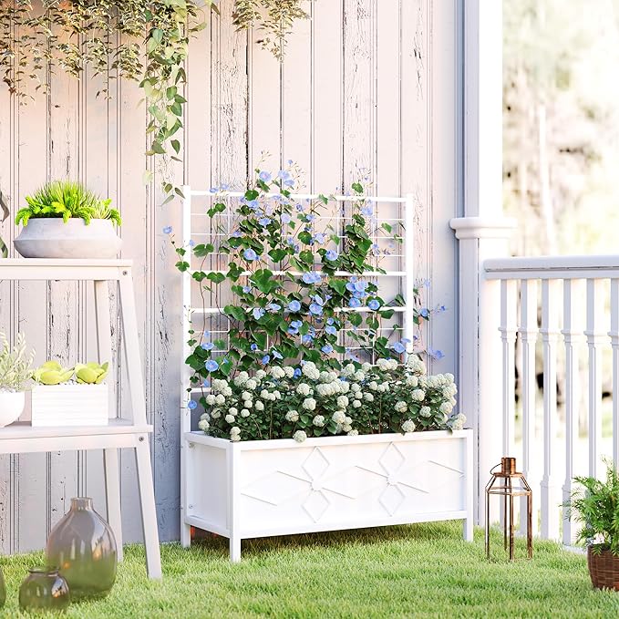 Outsunny Planter Box with Trellis 35.4 x 15.7 x 47.2 inch Raised Garden Bed with Drainage Holes Planters for Outdoor Plants Vegetables Flowers Herbs Trellis Planter White