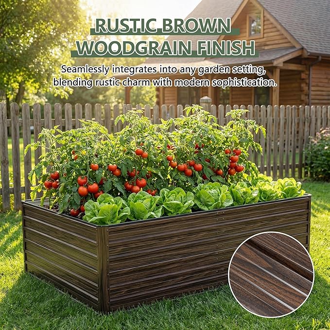 Galvanized Raised Garden Beds 8x4x2FT Outdoor Planter Boxes with Safety Edging and Gloves Rustic Country Style Metal Garden Bed Kit for Vegetables Flower and Fruits (Brown Wood Grain