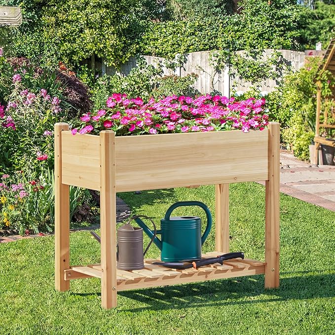 Yaheetech 34x18x30in Horticulture Raised Garden Bed 2pcs Planter Box with Legs &amp Storage Shelf Wooden Elevated Vegetable Growing Bed for Flowers Backyard Patio Balcony Light Brown