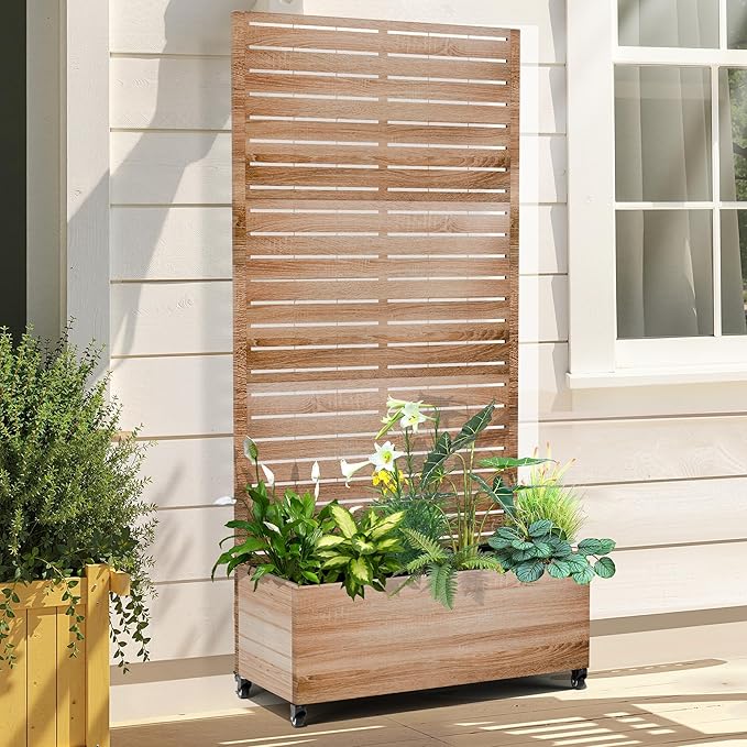 Raised Garden Bed with Trellis and Wheels73x47x16 Metal Raised Garden BedWood Finish Metal Planter with Climbing Trellis for Vines &amp Vegetables