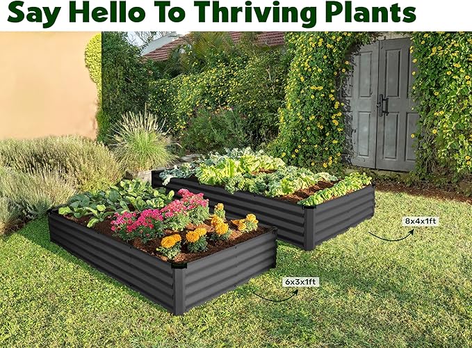 Plant &amp Plot Galvanized Raised Garden Beds Outdoor // 8×4×1 ft Planter Raised Beds for Gardening Vegetables Flowers // Large Metal Garden Box // Patented Tool-Free Design (Dark Gray)