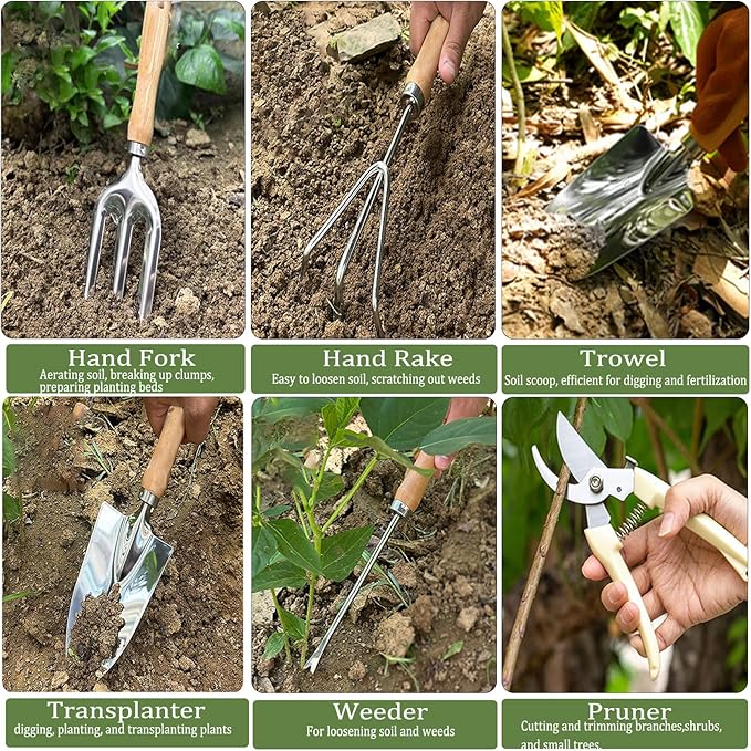 Garden Tool Set Beswill 12 Pieces Heavy Duty Gardening Hand Tools with Garden Tools Organizer Handbag Apron Rust-Proof Stainless Steel Gardening Kit Wood Handle Ideal Garden Gifts for Women Men