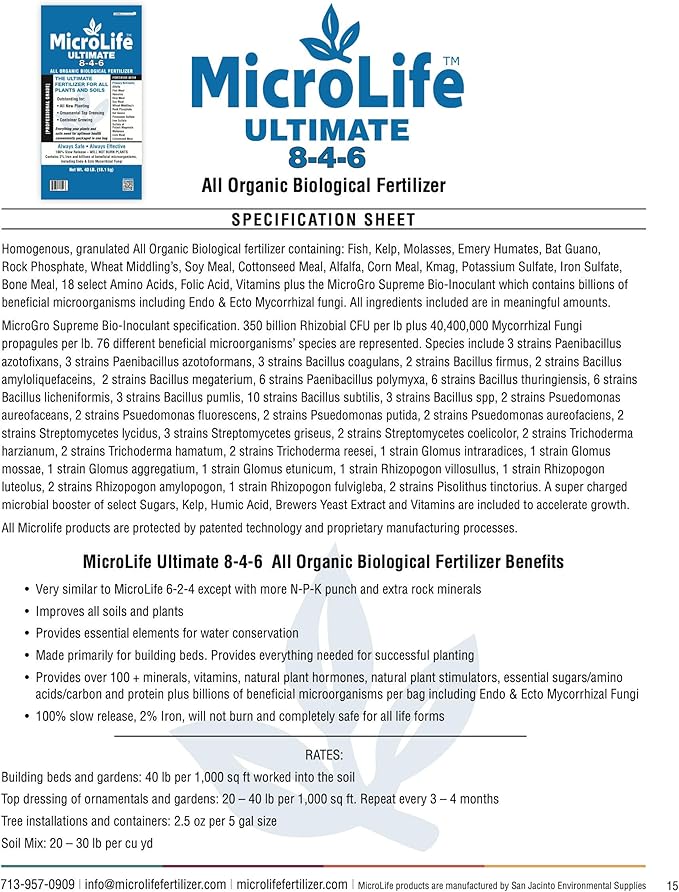 MicroLife Ultimate (8-4-6) Professional Grade Granular Organic Fertilizer for All Vegetables Flowers Trees and Bushes 7 LBS