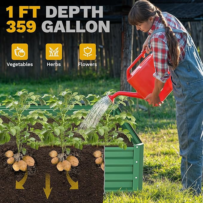 DWVO 12 x 4 x 1 FT Raised Garden Bed Kit Outdoor Galvanized Flower Bed with Safety Rubber and Gloves Large Metal Planter Box for Vegetables Flowers Herbs Fruits Green