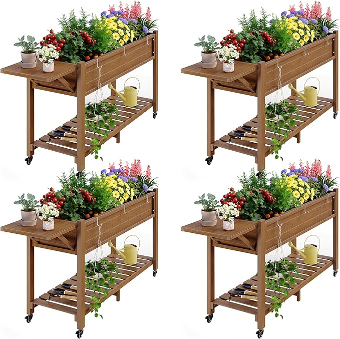 YEFU Raised Garden Bed with Legs: 57x18x30in Elevated Poly Planter with WheelsWaterproof Mobile Raised Bed Garden Elevated Planter Box Stand with Storage Shelffor HerbCarrotTomato (Teak4pcs)