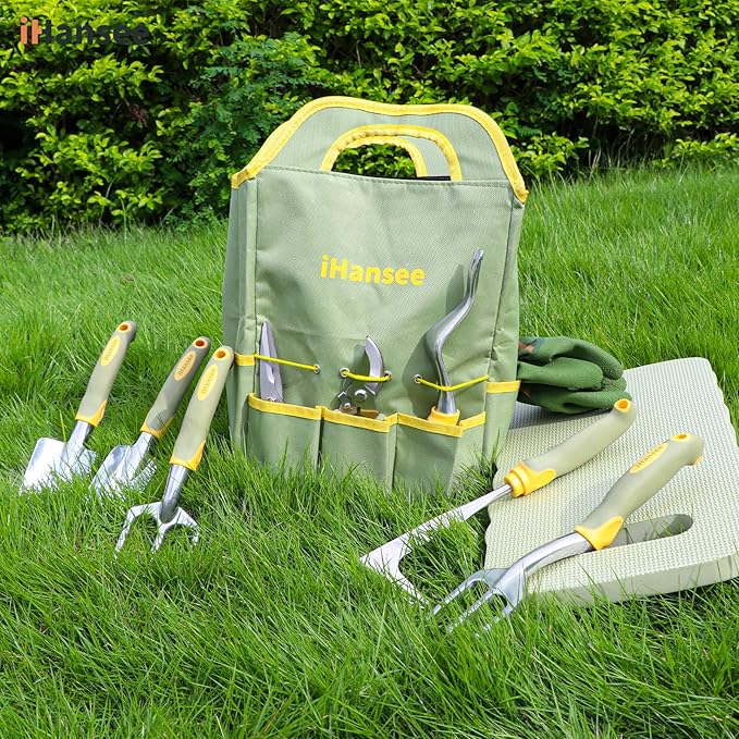 Set of 12 Garden Tool iHansee Heavy-Duty Aluminum Gardening Hand Tools with Rubber Non-Slip Handle Garden Apron Gloves Kneeling Pad and Storage Bag Garden Hand Tools Starter Kit Landscaping Tools