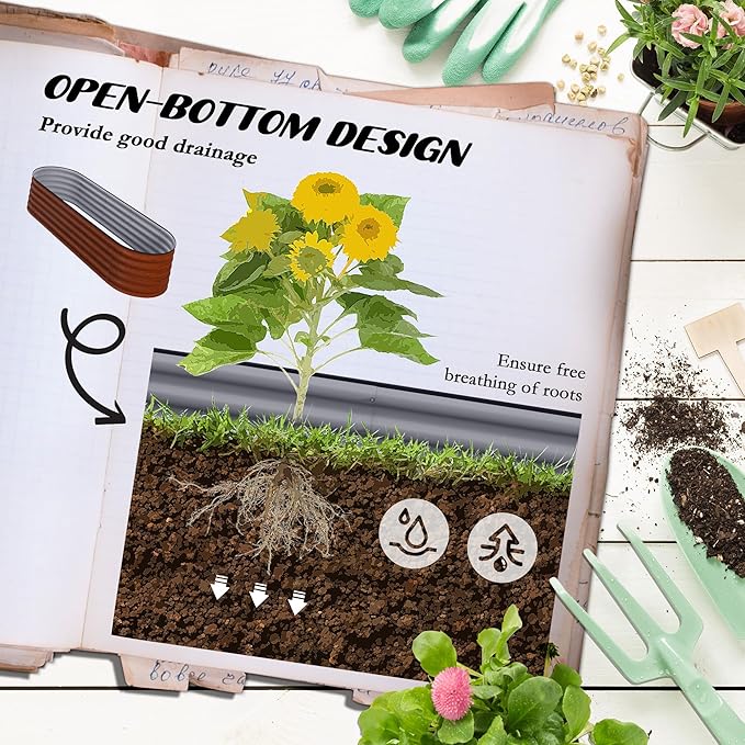 6.5' x 2' x 1.4' Galvanized Raised Garden Bed Kit Outdoor Metal Elevated Planter Box with Safety Edging Easy DIY Stock Tank for Growing Flowers Herbs Vegetables Brown