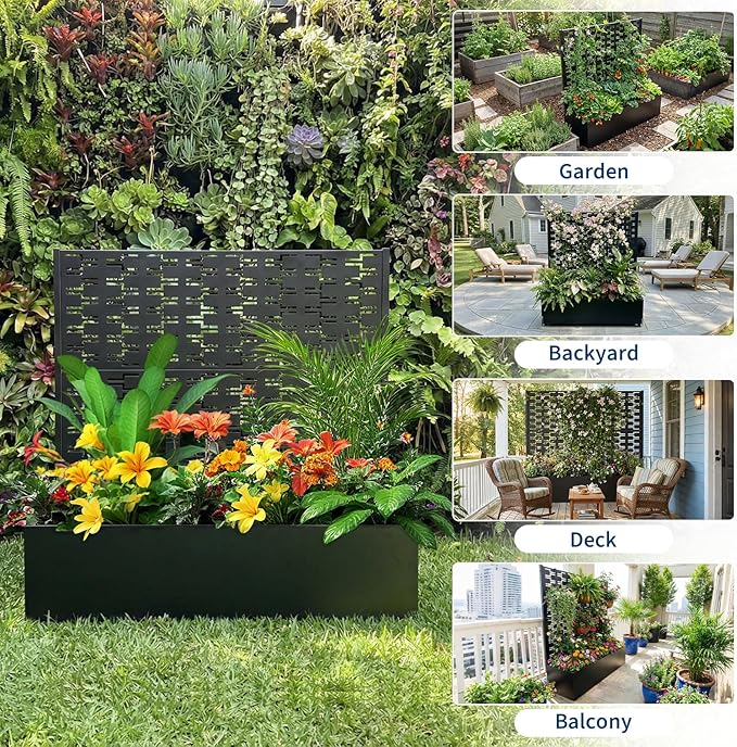 Garvee Metal Planter Box with Trellis 45.7x45x15 Raised Garden Beds with Trellis for Climbing Plants Vegetables Privacy Screen Planter Box with Drainage Holes for Patio Balcony Black