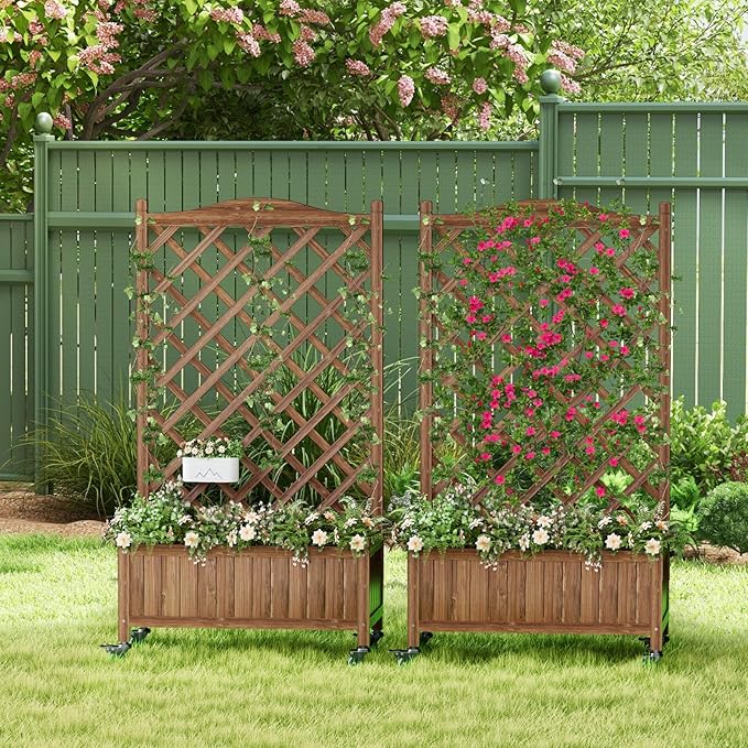 Upgraded 2-Pack 50 Tall Trellis Planter Box with Wheels 49.8H × 27.6W × 13.0D Solid Fir Wood Raised Garden Bed &amp Lattice Privacy Screen Rolling Planter with Drainage for Patio/Garden