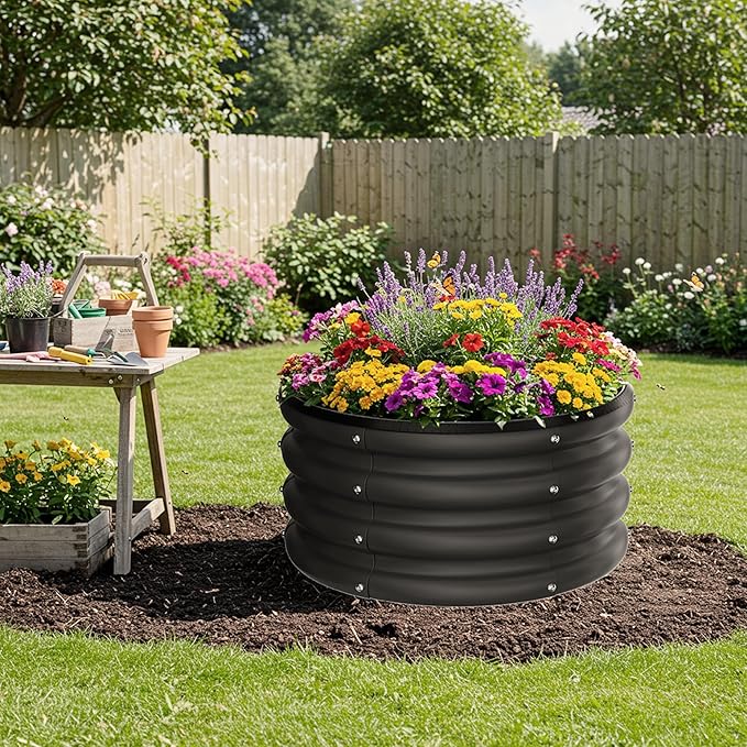 ZXZYHFTY Round Galvanized Raised Garden Bed kitBlack Outdoor Garden Raised Planter Box Round Large Metal Raised Garden Beds for Vegetable 2 * 2 * 1ft 1 Pack