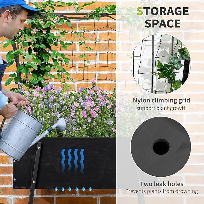 Outsunny Raised Garden Bed with Trellis and Metal Legs Elevated Planter Box with Storage Shelf and Bed Liner for Vegetable Vines Climbing Plants Flowers