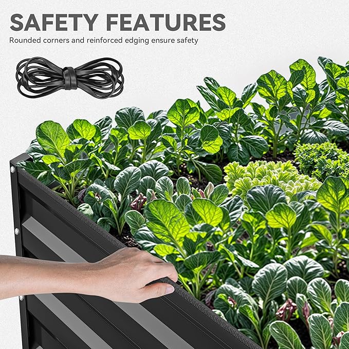 YITAHOME 8x4x2 ft 4pcs Galvanized Raised Garden Bed Kit Large Metal Planter Box with Gloves Safety Rubber &amp Support Rod Outdoor Flower Bed for Plants Vegetables Black