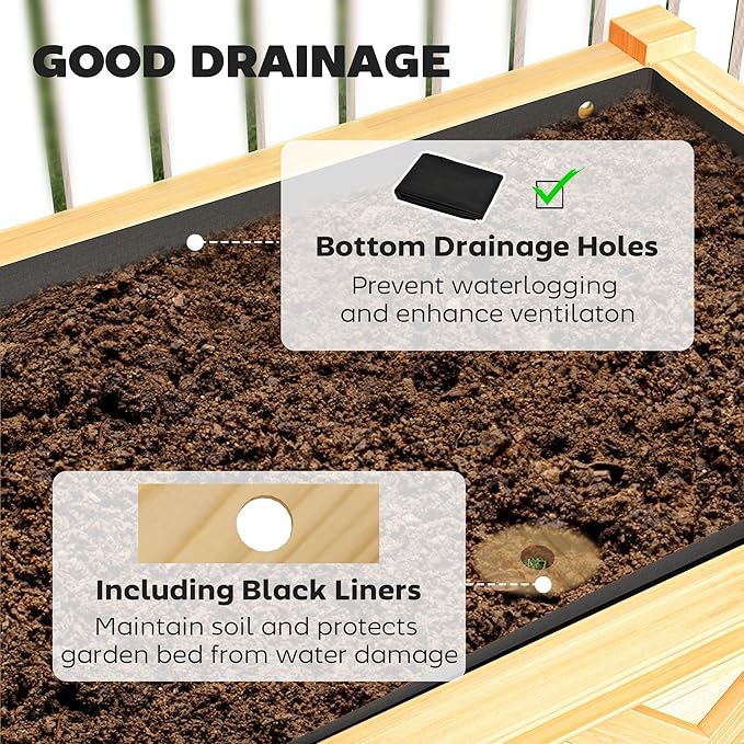 Dual Tier Elevated Wood Planter BoxRaised Garden Bedwith Storage ShelfDrainage Holesand Liner