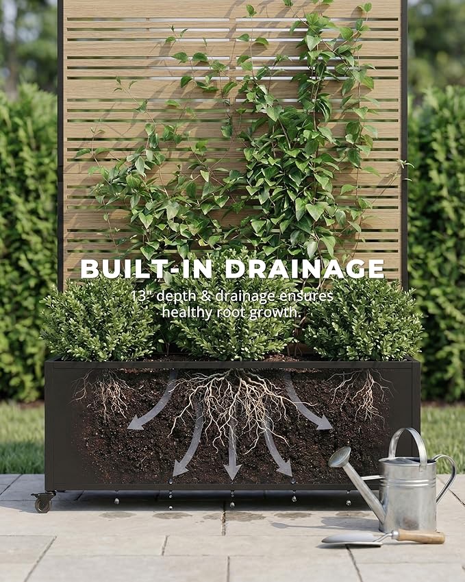 73 Metal Planter Box with Trellis on Wheels - Mobile Outdoor Planter with Drainage Holes &amp Louvered Privacy Screen Rust-Proof Wood Grain for Patio Balcony Backyard Poolside