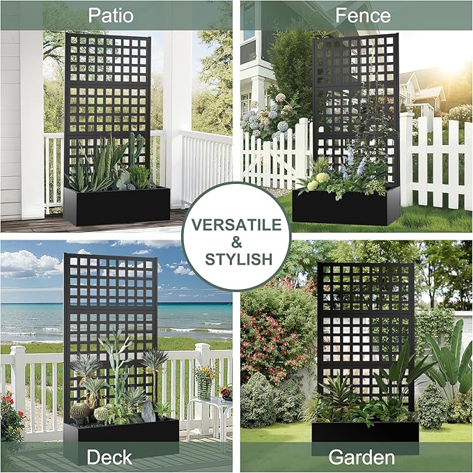 Metal Planter Box with Trellis Raised Garden Bed for Climbing PlantsPrivacy Screen with Garden BoxesDrainage Hole for Vegetables Flowers Vines (35 L×16 W×71 H Black)