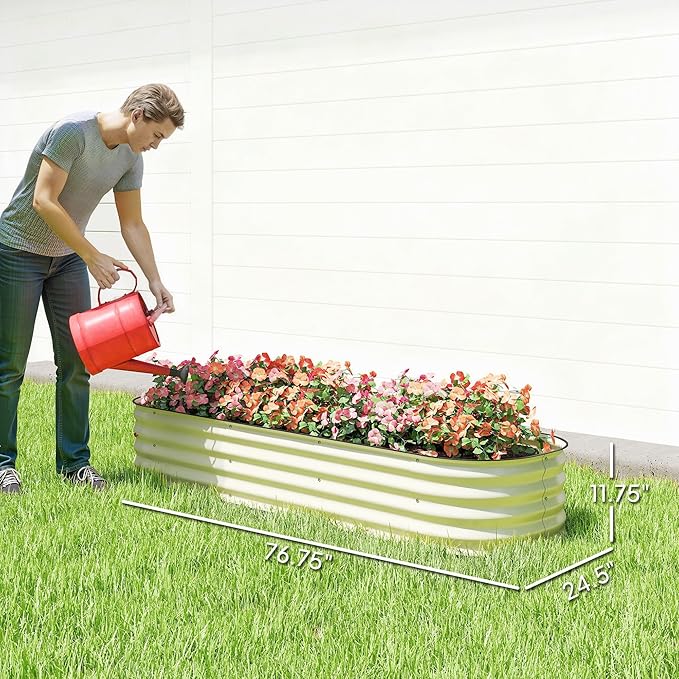 Outsunny 6.5' x 2' x 1' Galvanized Raised Garden Bed Kit Outdoor Metal Elevated Planter Box with Safety Edging Easy DIY Stock Tank for Growing Flowers Herbs &amp Vegetables Cream