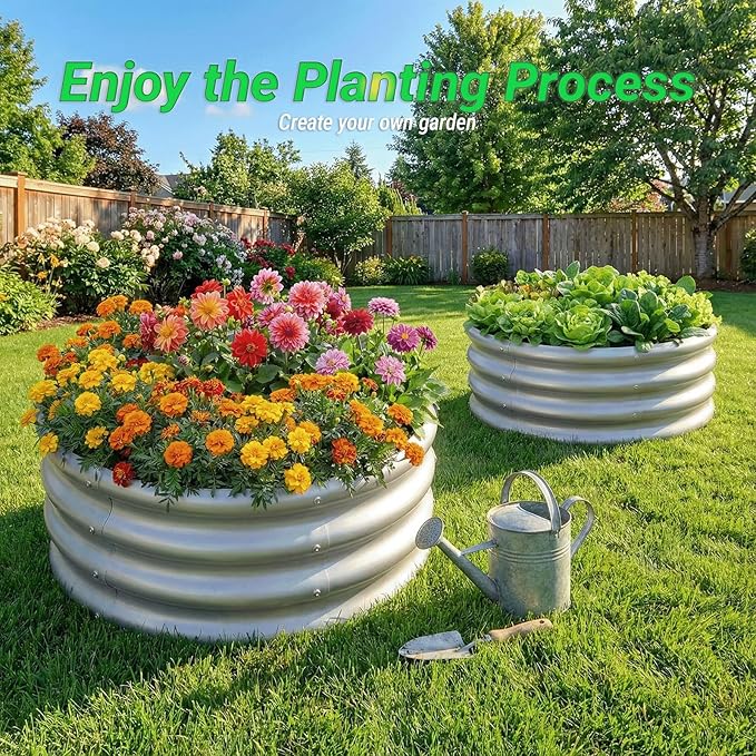 2x2x1 FT Round Galvanized Raised Garden Bed Kit OutdoorGarden Bed for Vegetables Fruits Flowers(Silver2PCS)