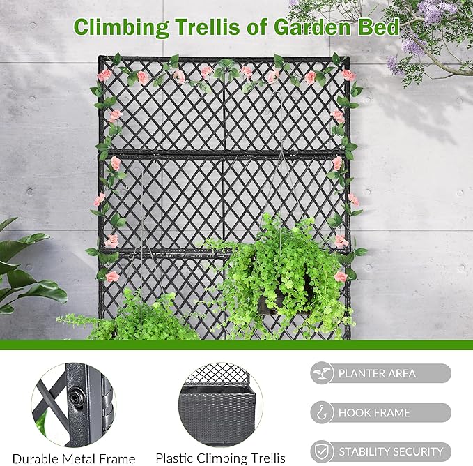 GENMOUS 72in/5.9ft Metal Raised Garden Bed with Trellis Planter Box Trellis with Wheels for Vine Climbing Plants Trellis with Drainage Holes for Flowers Vegetables in Garden Patio Balcony （Black）