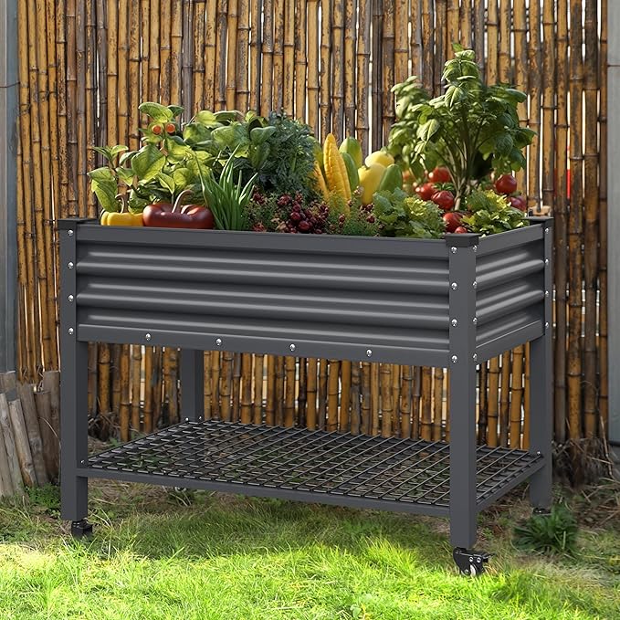 48 W x 24 D x 34 H Galvanized Raised Garden Bed with Lockable Wheels Raised Garden Beds Outdoor with Drainage Gaps &amp Shelf Planter Boxes Outdoor for Backyard Patio Balcony Grey