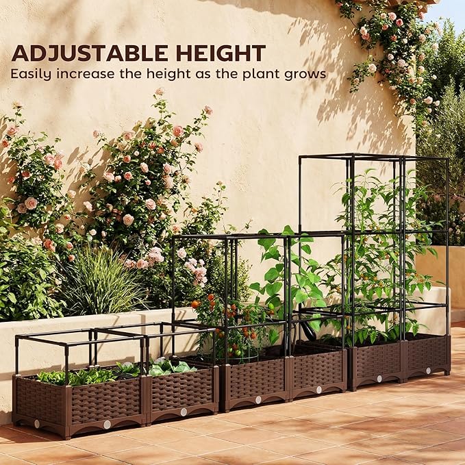 Outsunny Raised Garden Bed with Trellis 46.5 Tomato Cage with Crop Cage Self Watering Planter Box with Drainage Holes and Plugs for Outdoor Patio Climbing Plants Vines Vegetables Flowers White