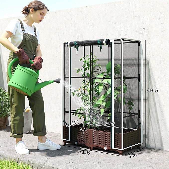 Outsunny Raised Garden Bed with Trellis 46.5 Tomato Cage with Crop Cage Self Watering Planter Box with Drainage Holes and Plugs for Outdoor Patio Climbing Plants Vines Vegetables Flowers White
