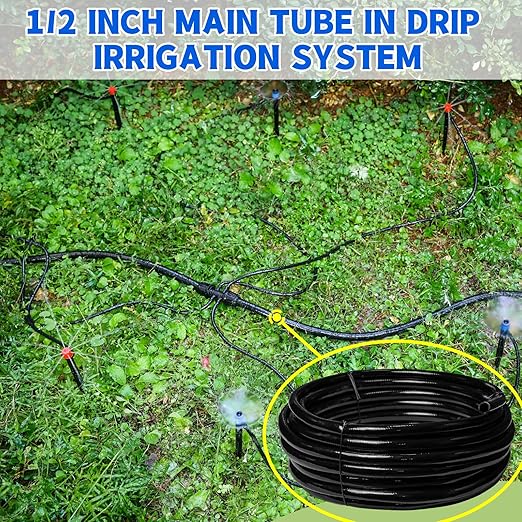 50 FT 1/2 Inch Drip Irrigation Tubing Main Drip Line Hose Tube for Garden Watering Landscape Irrigation System (Includes 2 Pack 6-Way Connector and 1/2 Straight Connector)