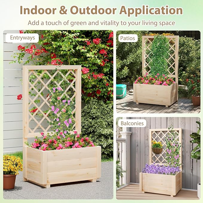 Giantex Raised Garden Bed with Trellis Wooden Elevated Planter Box for Climbing Plants Outdoor Garden Planter for Vegetables Flowers Herbs Patio Balcony Planting Box 23 x 14 x 40 Inch